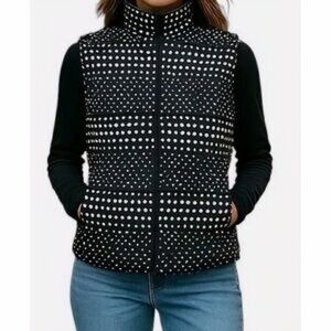 Talbots Women's Down Puffer Vest, Black Polka Dot Preppy, Sz XL